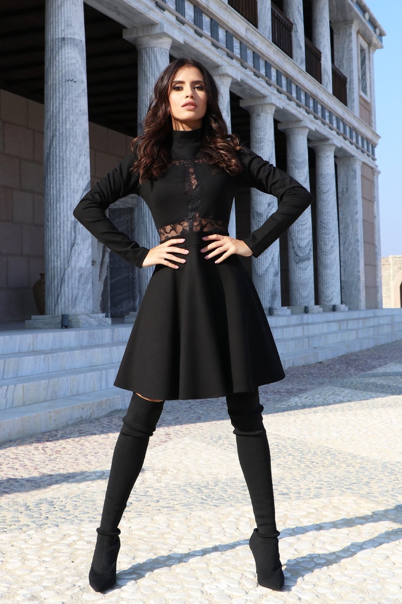 Black Mini Dress Long sleeve Black Dress Turtleneck Dress with Lace Short Dress Designer Dress by Caramella Fashion 012554 image 1