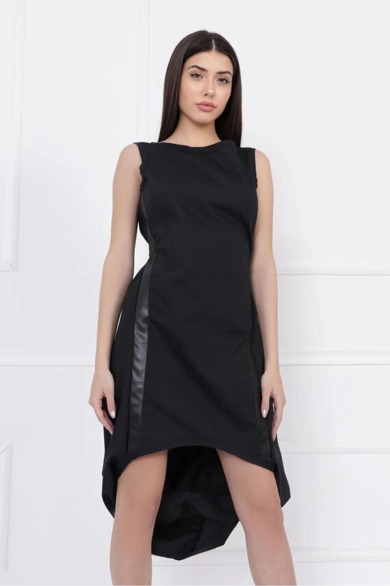 black cotton high low dress Asymmetrical Black Cotton Dress: Modern High Low Wedding Guest Style
