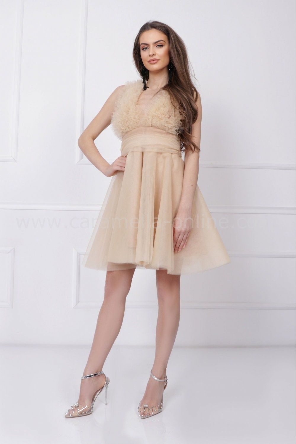 Beige Bubble Dress With Deep V-Neckline - Chic & Playful