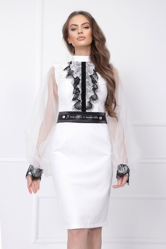 white dress black lace overlay White Sheath Dress: Elegant Black Lace, Balloon Sleeves
