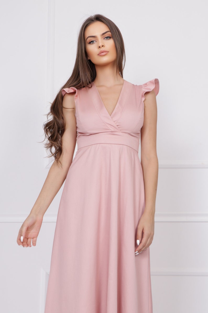 Pink elegant dress maxi empire type dress evening cotton dress v-neck open back dress long prom dress image 3