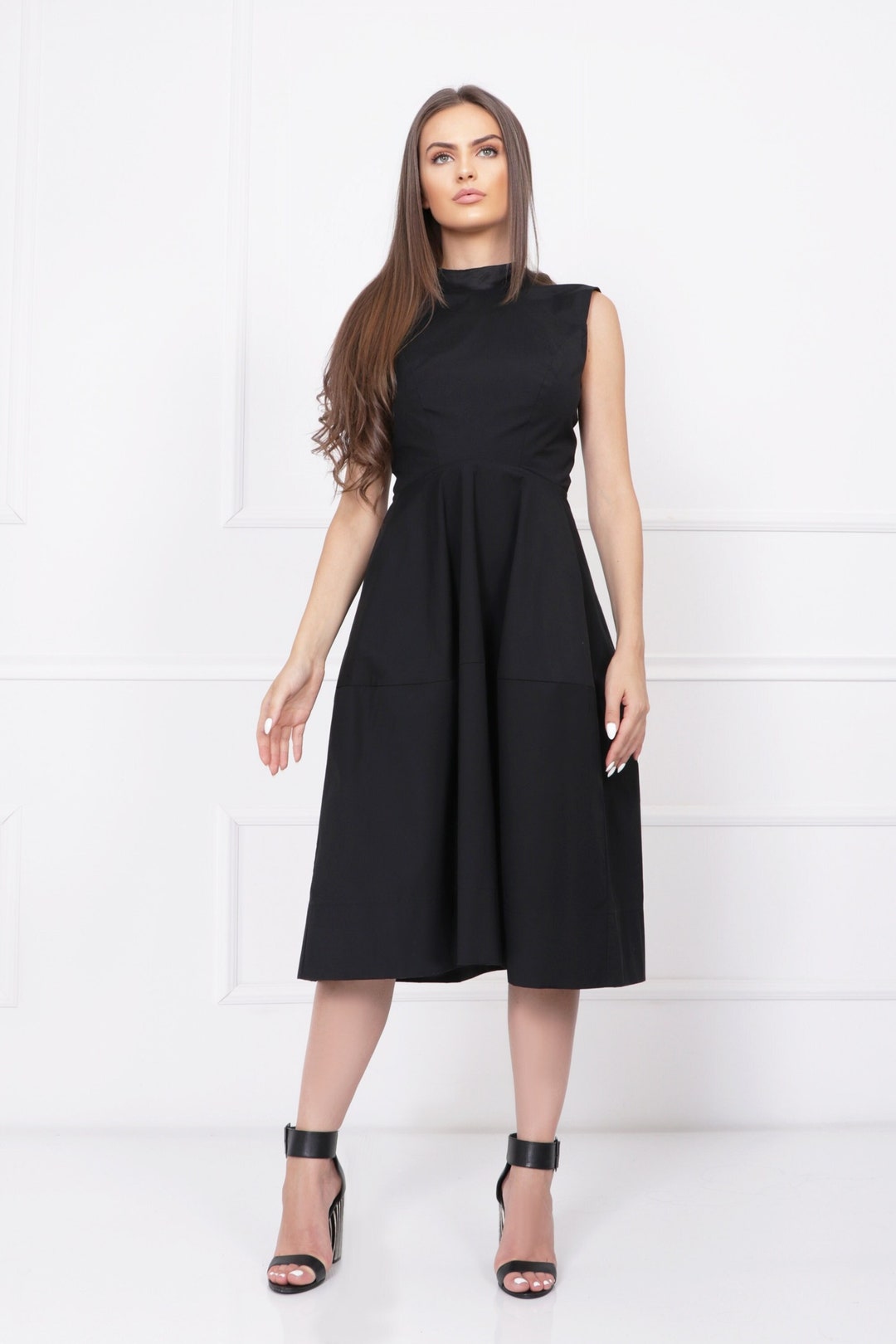 Midi Black Cotton Dress Elegant Sleeveless Dress Open Back Etsy