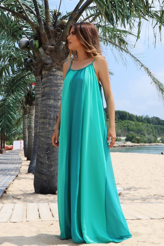 blue dress for baby girl Turquoise Blue White Floaty Maxi Silk Dress Large / Turquoise / Silk main image 1