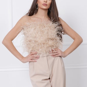 Beige Cold shoulder Crop Top Vintage Crop Top with Feathers Designer Crop Top image 6