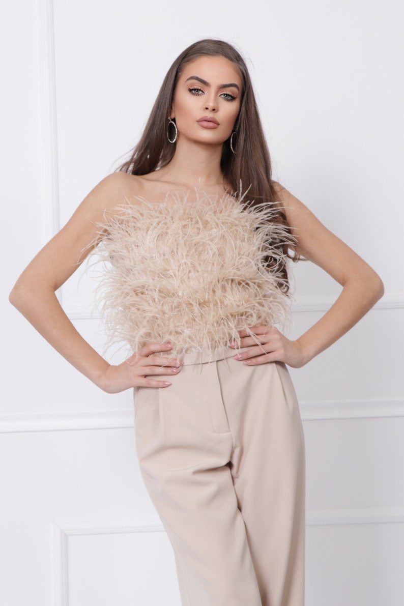 Beige Cold shoulder Crop Top Vintage Crop Top with Feathers Designer Crop Top image 6