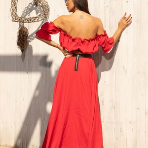 Linen Red Long set, composed of an off-the-shoulder short sleeve crop top and long flowy skirt by Caramella Fashion 082095 image 2