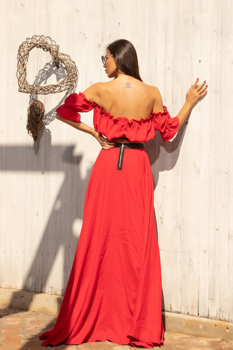 Linen Red Long set, composed of an off-the-shoulder short sleeve crop top and long flowy skirt by Caramella Fashion 082095 image 2