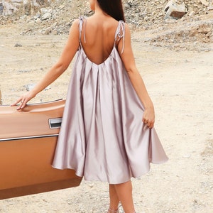 Formal Midi Dress / Satin Short sleeve Dress / Lilac Evening Dress Designer Dress by Caramella Fashion 012722 image 4
