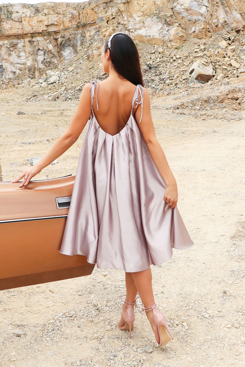 Formal Midi Dress / Satin Short sleeve Dress / Lilac Evening Dress Designer Dress by Caramella Fashion 012722 image 4
