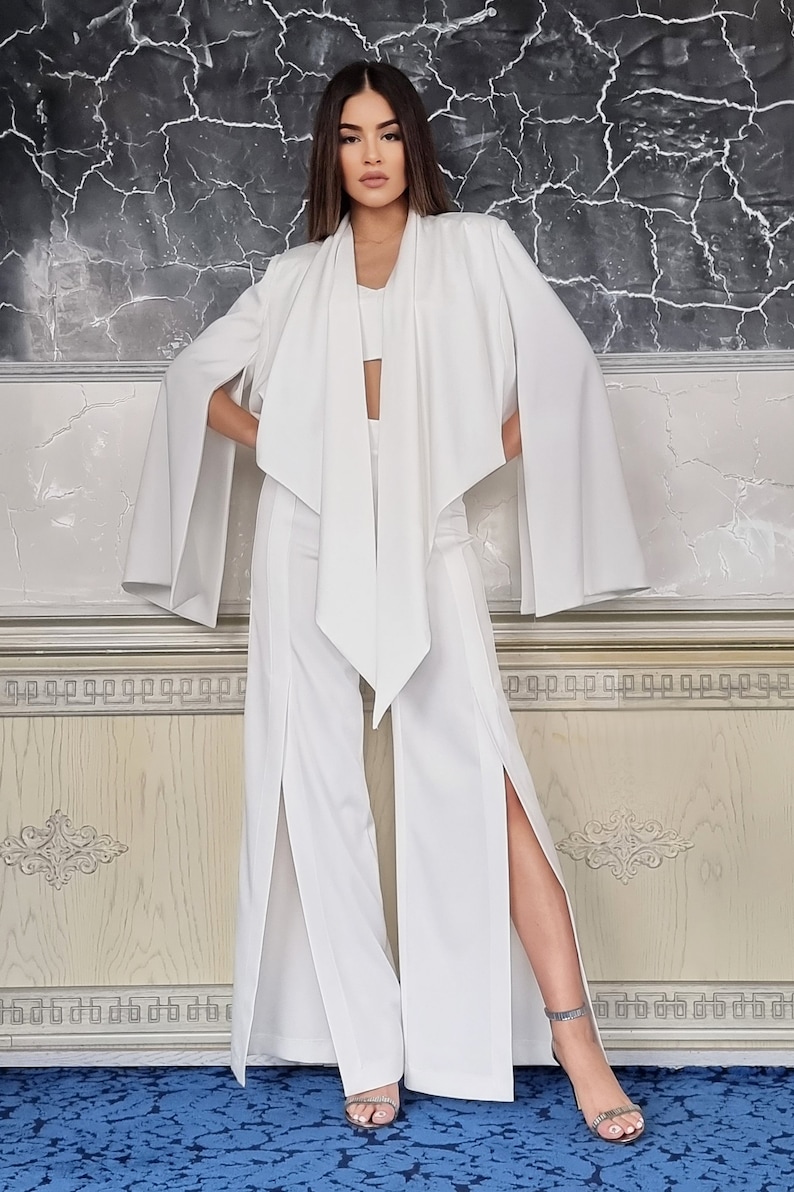 White Long Formal High-waisted Classy Elegant Pants with a cut / Designer Formal pants / Long white pants image 3