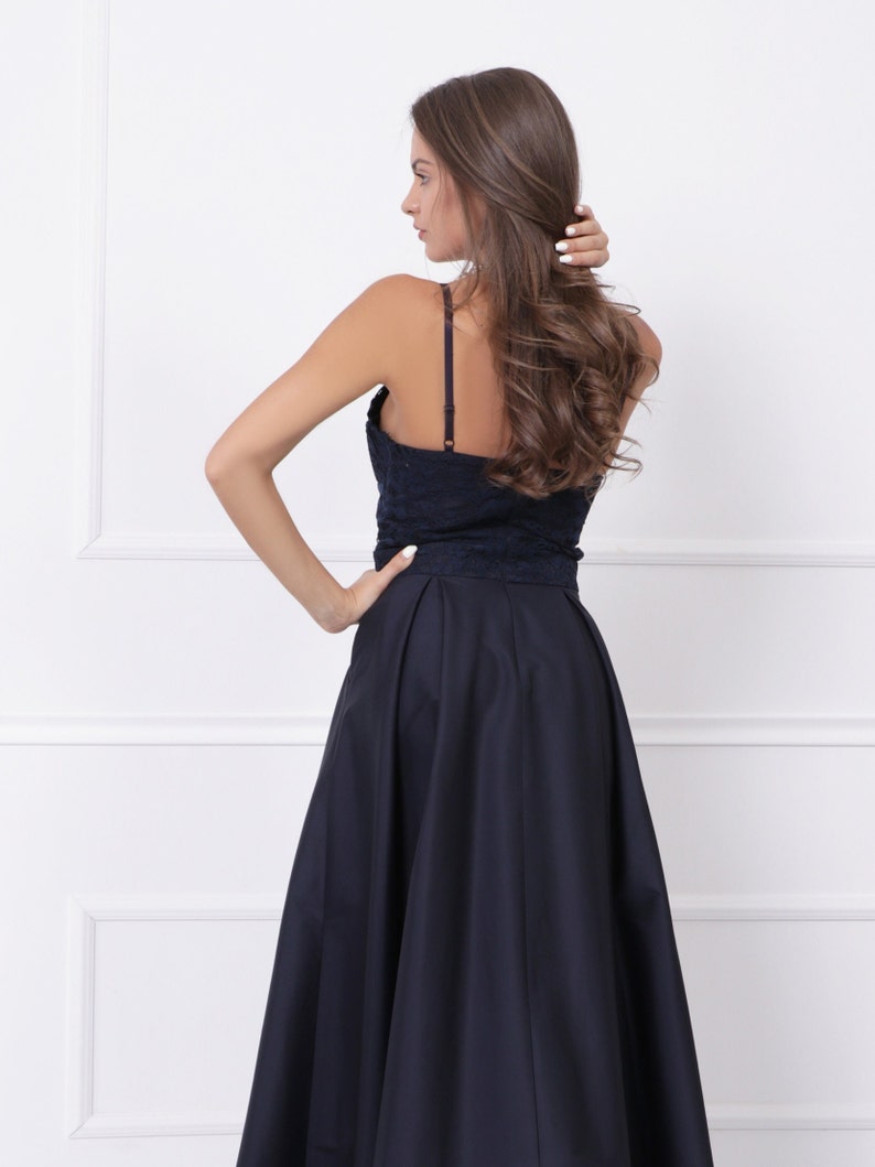 Blue Event Gown Navy Blue Maxi Elegant Satin Long V-neck Sleeveless A-line Dress with lace and spaghetti straps 012754 image 8