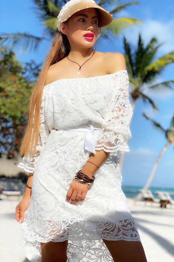Off the shoulder white dress casual 2025