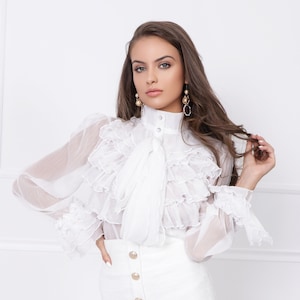 Victorian Ruffle Blouse: Sheer Long Sleeve High Neck Top
