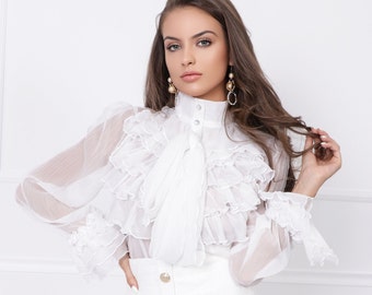Victorian Shirt, White Ruffle Blouse, High Neck Top, Womens Clothing, Formal Top, Frilly Blouse, Elegant Shirt, Extravagant Blouse ~ 022554