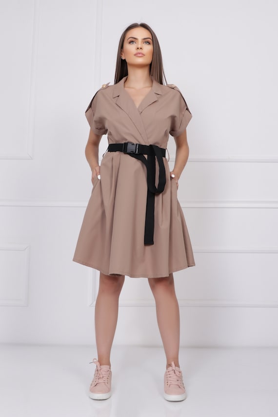 Beige Cotton Shirt Dress: Handmade Utility Style with Black Belt Beige Cotton Shirt Dress: Handmade Utility Style With Black Belt - Etsy