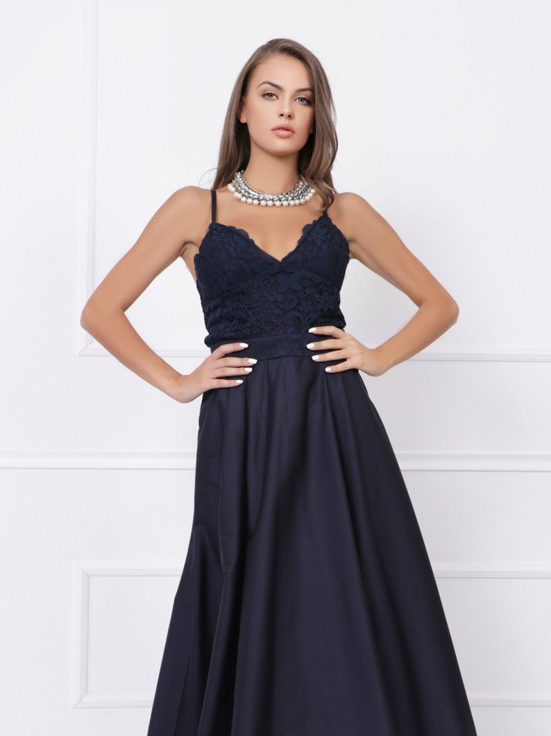 Blue Event Gown Navy Blue Maxi Elegant Satin Long V-neck Sleeveless A-line Dress with lace and spaghetti straps 012754 image 6