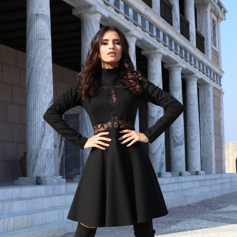 Black Mini Dress Long sleeve Black Dress Turtleneck Dress with Lace Short Dress Designer Dress by Caramella Fashion 012554 image 5