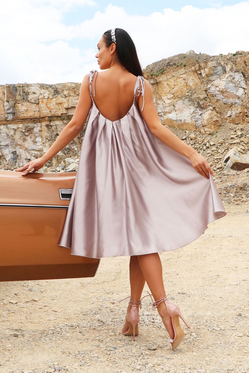 Formal Midi Dress / Satin Short sleeve Dress / Lilac Evening Dress Designer Dress by Caramella Fashion 012722 image 5