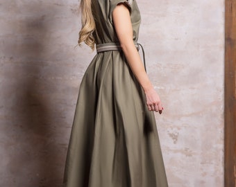 Olive Green Maxi Dress: Military Style Belted Gown Olive Green Maxi Dress: Military Style Belted Gown