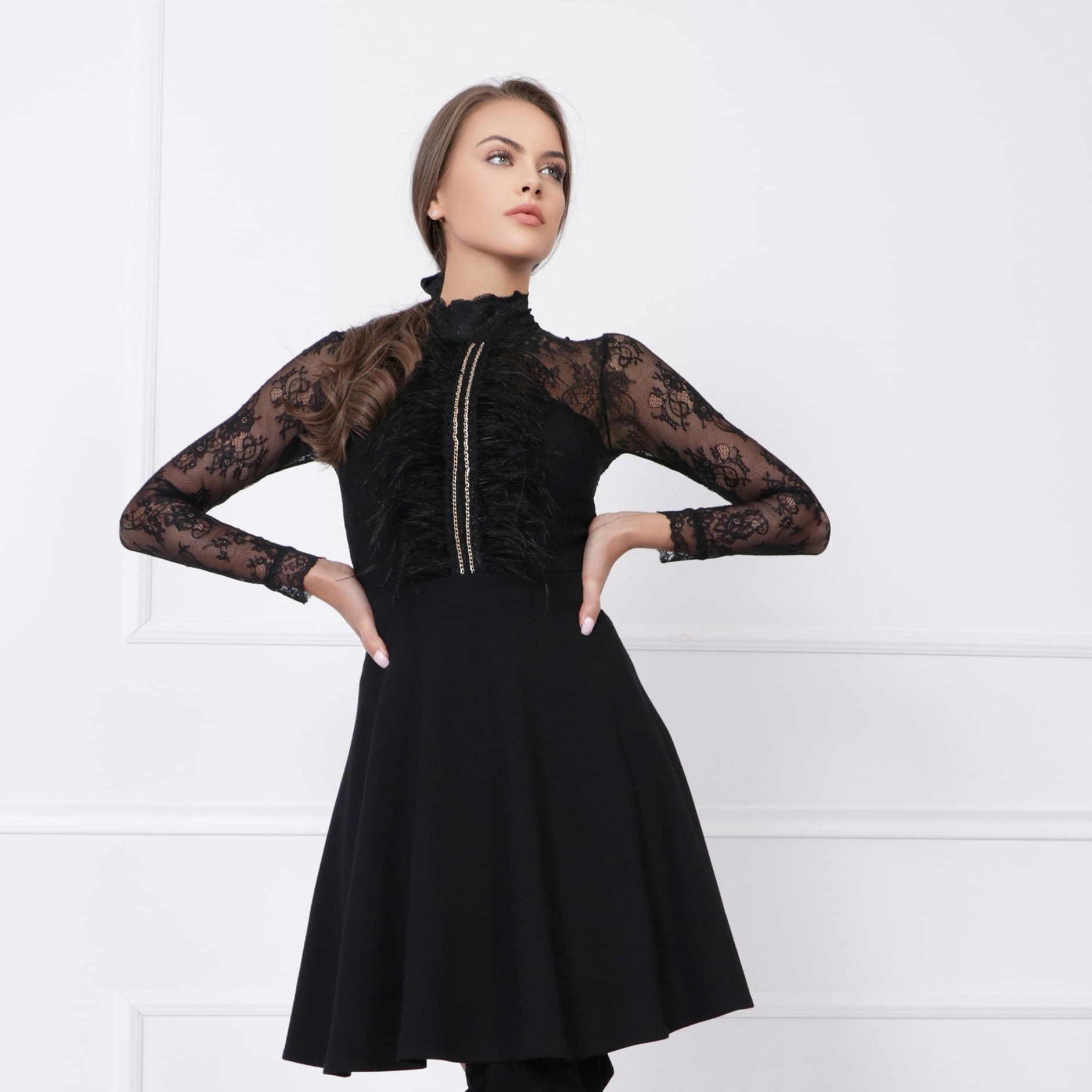 Black Lace Long Sleeve Dress: Feather Frill Mini Elegant Formal Black Lace Long Sleeve Dress: Feather Frill Mini Elegant Formal