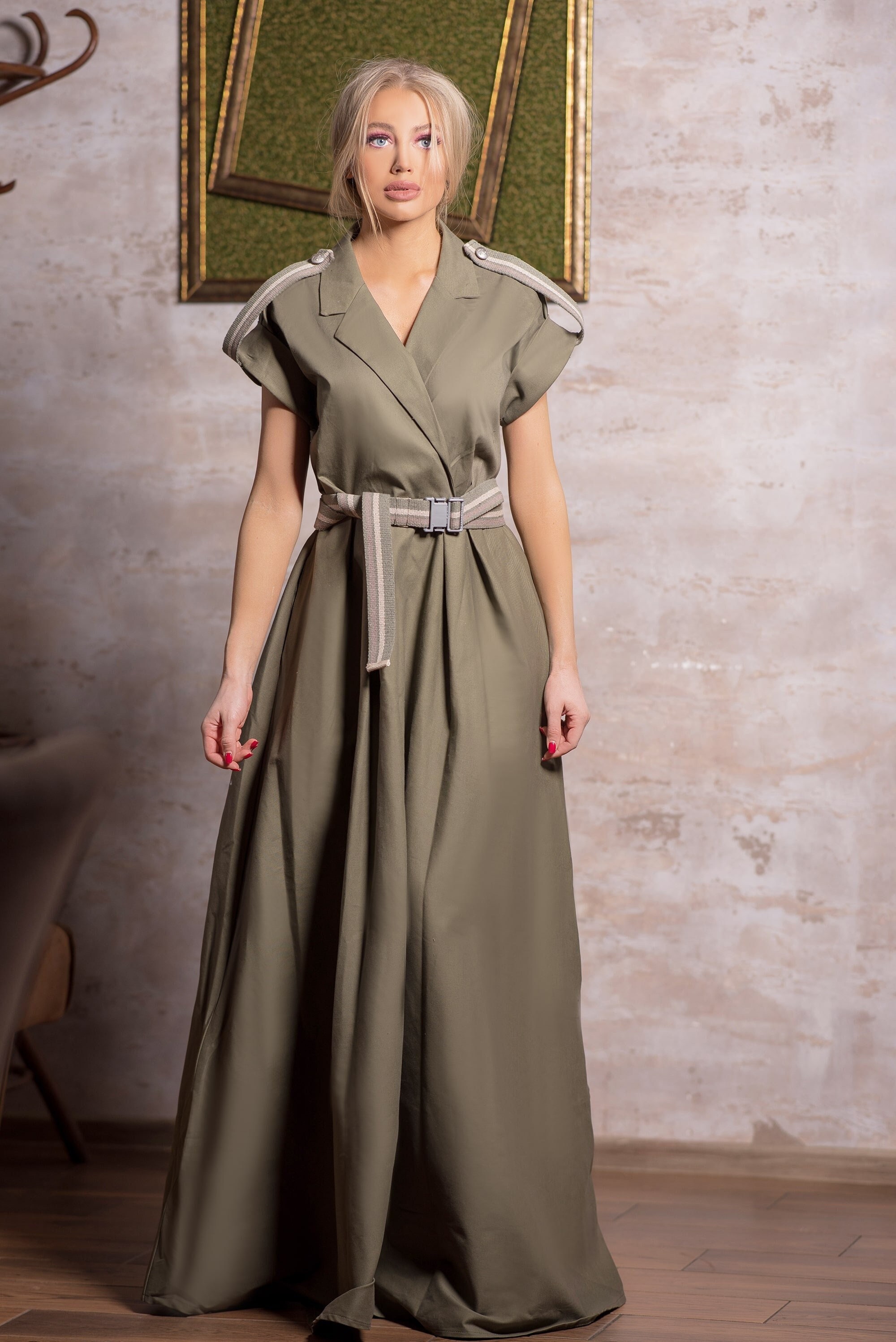 Olive Green Maxi Dress: Military Style Belted Gown Olive Green Maxi Dress: Military Style Belted Gown