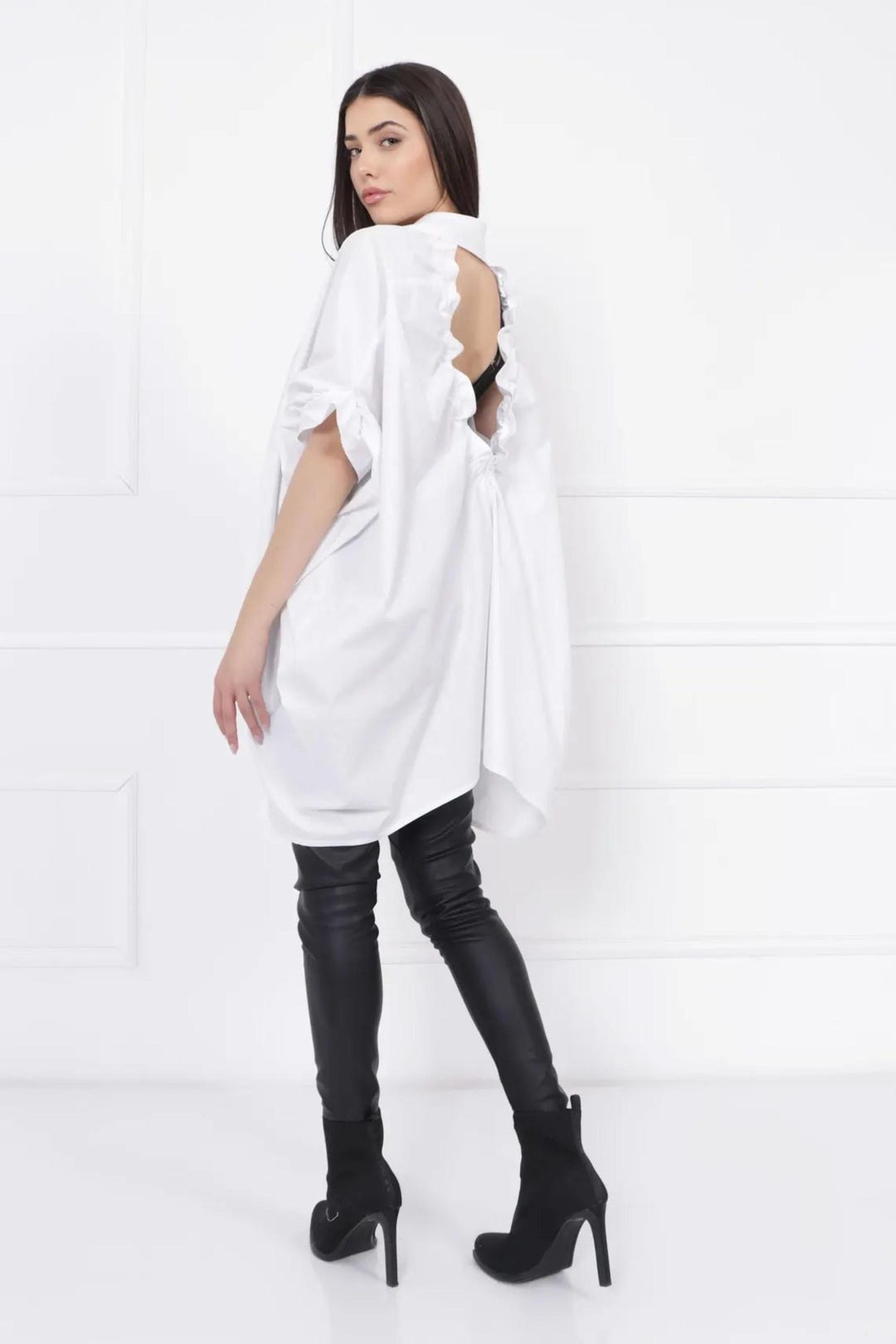 Oversized White Cotton Shirt: Asymmetrical Ruffle Back Top - Etsy