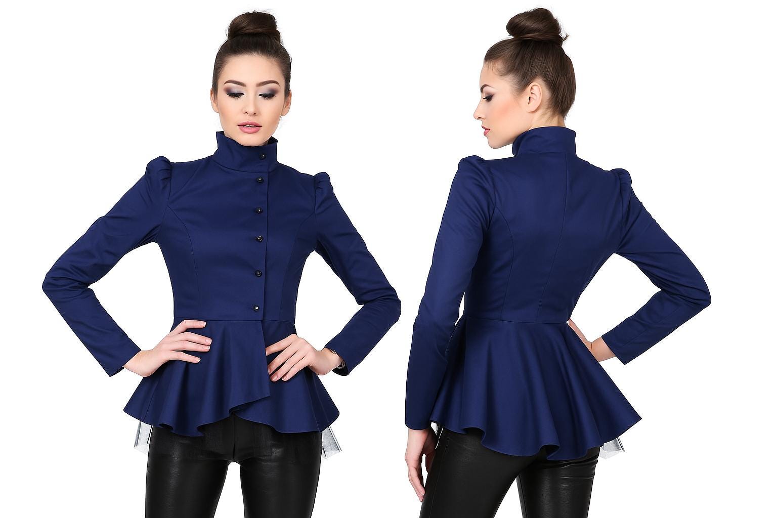 【SALE／10%OFF Clothing, Womens Top, Peplum Black Futuristic Gothic Blouse, シャツ+ブラウス(半袖+袖なし)