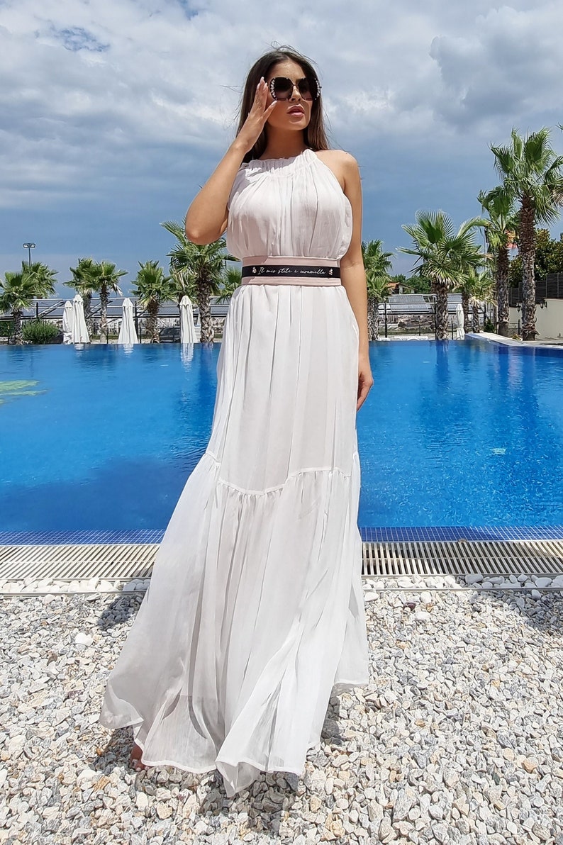 White maxi dress / White Long Halter Stylish dress image 2