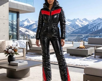 Women's Shiny Black and Red Ski Suit, Glossy Hooded Winter Nylon Jumpsuit, One Piece Snow Outfit, Vinyl Look Snowsuit, Winter Fashion