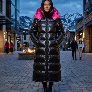 Women's Shiny Black Nylon Puffer Coat, Long Glossy Winter Maxi Parka, Contrast Pink Hood Down Jacket, Luxury Ski Outerwear Long Coat