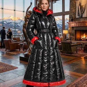 Women's Long Glossy Black Nylon Puffer Coat with Red Trim, Hooded Maxi Parka, Full Length Belted Down Jacket, Winter Streetwear Coat