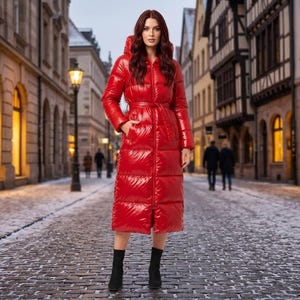 Women's Shiny Red Puffer Coat, Long Glossy Winter Coat, Hooded Belted Maxi Parka, Full Length Warm Ski Coat, Elegant Streetwear Long coat