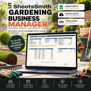 Op de afbeelding: Een laptop met het SheetsSmith Gardening Business Manager dashboard, een digitaal systeem voor het bijhouden van rondes, bezoeken en betalingen. Het scherm toont financiële gegevens, klantenlijsten en maandelijkse inkomsten.