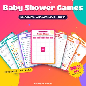 Può includere: Una collezione di carte da gioco stampabili per baby shower con titoli come Baby Bingo, Emoji Pictionary e Word Search. Le carte sono disposte a ventaglio su uno sfondo colorato con il testo Baby Shower Games, 30 Games, Answer Keys, Signs e Printable + Fillable.