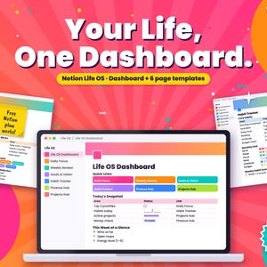 May include: A digital Notion Life OS dashboard template featuring a bright pink background with sunburst rays. The display shows a central laptop screen with a dashboard interface, flanked by two smaller page views, all containing organizational text.
