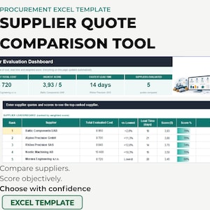 May include: A digital procurement Excel template titled Supplier Quote Comparison Tool. It features a Supplier Evaluation Dashboard with metrics for cost, lead time, and scores, plus a leaderboard table ranking five suppliers by weighted score.