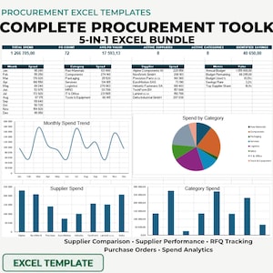 Könnte beinhalten: Eine digitale Excel-Vorlage für die Beschaffung mit dem Titel Complete Procurement Toolkit 5-in-1 Excel Bundle. Das Dashboard enthält Datentabellen, ein Liniendiagramm für monatliche Ausgabentrends, ein Kreisdiagramm für Ausgaben nach Kategorien und Balkendiagramme.