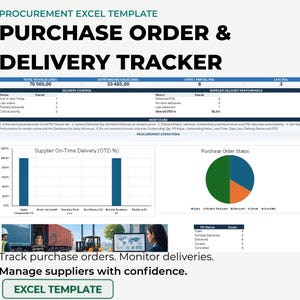 Peut inclure: Un modèle Excel de gestion des achats intitulé Purchase Order & Delivery Tracker. Le tableau de bord affiche des indicateurs, la performance des fournisseurs, un graphique à barres, un diagramme circulaire et un tableau récapitulatif.