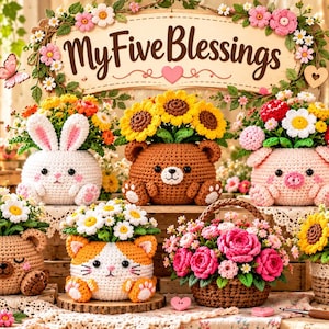 Häkelanleitung für Blumentopfüberzüge, niedliche Tiergesichter als Pflanzgefäße, Häkelanleitung für Blumensträuße, Bär, Hase, Katze, Schwein, DIY-Heimdeko (PDF)