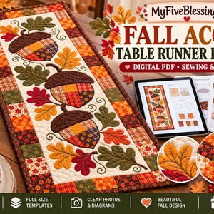 May include: A digital PDF sewing and quilting pattern for a fall acorn table runner. The pattern features a central design of three large acorns surrounded by oak leaves, framed by a border of small, colorful, patterned fabric squares.