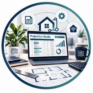 Può includere: Un portatile che mostra l'interfaccia ProjectSpecStudio con grafici finanziari, circondato da un'icona di casa, un ingranaggio e un simbolo Wi-Fi. Sulla scrivania ci sono un progetto, una calcolatrice, un taccuino, una penna, una tazza e un vaso.