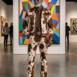 May include: A matching cowhide print jacket and trousers set featuring brown and white patches. The jacket has a pointed collar, metal buttons, and chest pockets. The trousers are straight-legged. A brown shirt and a large metal belt buckle are worn underneath.