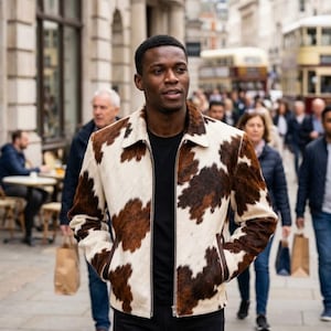 May include: A jacket featuring a brown and white cow print pattern with a collared neckline, a full-length front zipper, and two side pockets, worn over a plain black shirt and black pants.