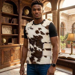 Men's Hair On Hide Brown White Cow Print Tactical Utility Vest Sleeveless Pull Over Streetwear Western Apparel