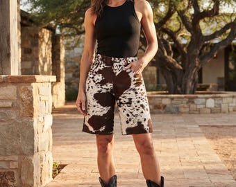 Women Brown Cowhide Leather Bermuda Shorts Hair-On Hide Capri Pants Western Festival Apparel Chic Streetwear Designer Bottoms