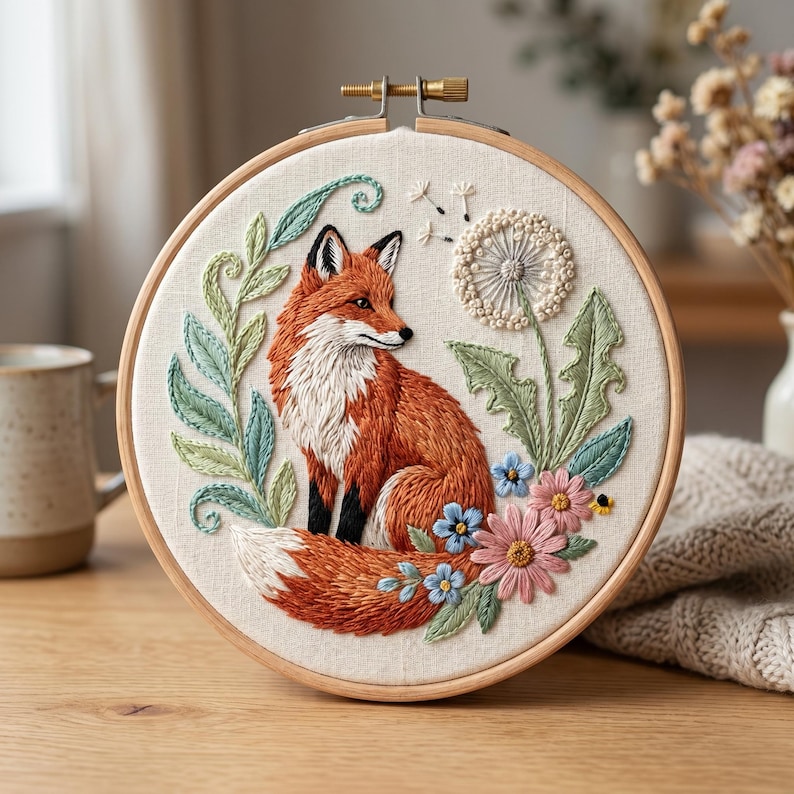 Fox Embroidery Kit - Red Fox and Dandelion Floral DIY Craft - Woodland ...