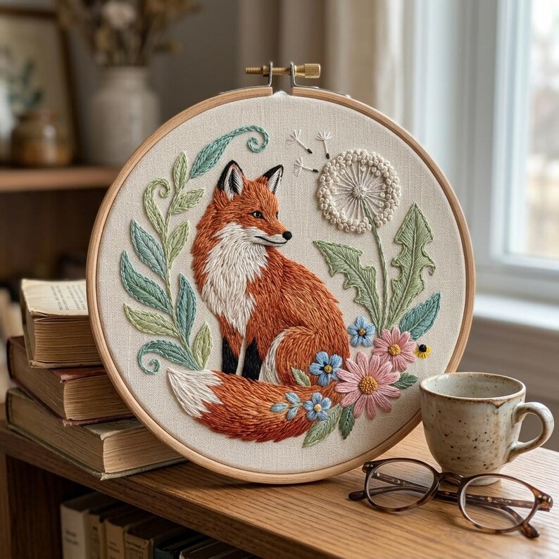 Fox Embroidery Kit - Red Fox and Dandelion Floral DIY Craft - Woodland ...