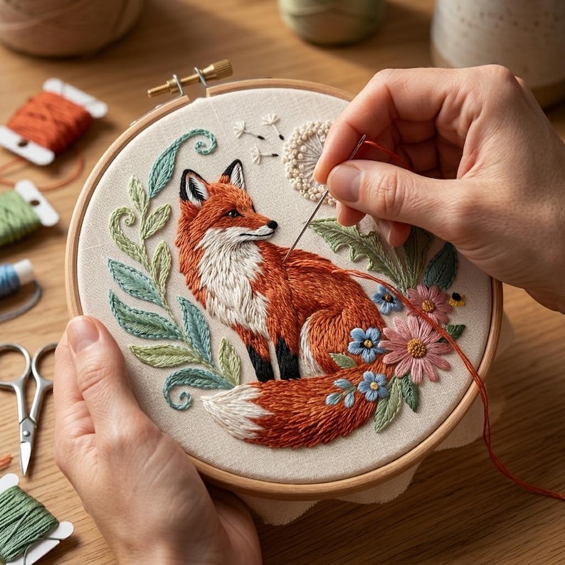 Fox Embroidery Kit - Red Fox and Dandelion Floral DIY Craft - Woodland ...