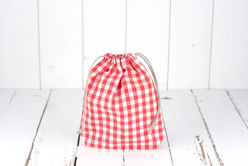 small model green gift wrapping Organic cotton Pochon in coral and white gingham color bulk bag