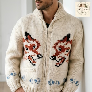 Cowichan Style Chunky Knit Zip-Up Cardigan, Fox Print Shawl Collar Sweater